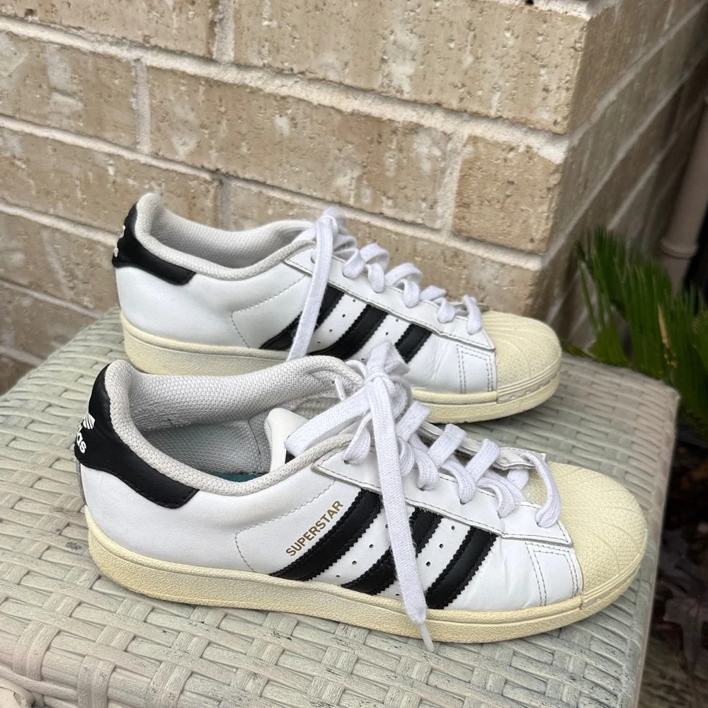 Adidas Superstar White and Black Sneakers with Cream Accents Size 5